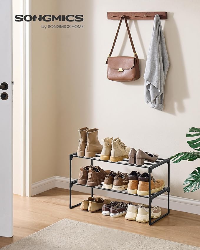 SONGMICS Shoe Rack, 2-Tier Shoe Organizer, Metal Storage Shelf, Upright or Upside Down, for 6-9 Pairs, Stackable, for Entrywa