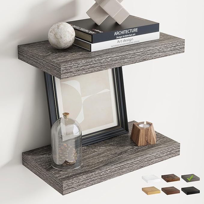16 Inch Floating Shelves for Wall Set of 2, 8"D Wood Grain Bathroom Shelves with Invisible Brackets, Easy Install Engineered 