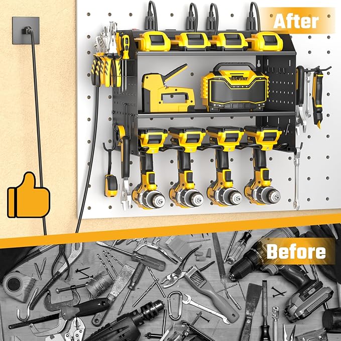 ZESEN Power Tool Organizer Wall Mount, 3 Layer Charging Station with 6 Outlets, 4 Drill Holders and Drill Bit Rack, Tool Hold