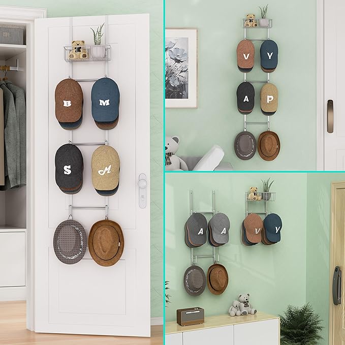HapiRm Over Door Hat Rack - Wall Mounted Hat Organizer with 6 Hooks and Metal Basket Design, Baseball Cap Organizer Storage H