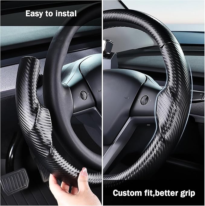 Steering Wheel Cover for 2017-2023 Tesla Model 3 2020-2024 Tesla Model Y, Carbon Fiber Steering Wheel Cover for Tesla Model 3/Y Accessories, Matte Black