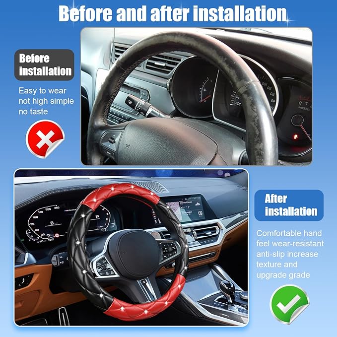 SuperKaKa Black and Red Steering Wheel Cover, Auto Diamond Style Cute Bling Comfort Car Interior Accessories Protector Sparkl