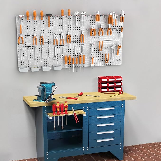 WALMANN Metal Pegboard Kit with Accessories for Wall Garage Tools Storage Pegboard for Garage, Workbench, Modular Peg Board T