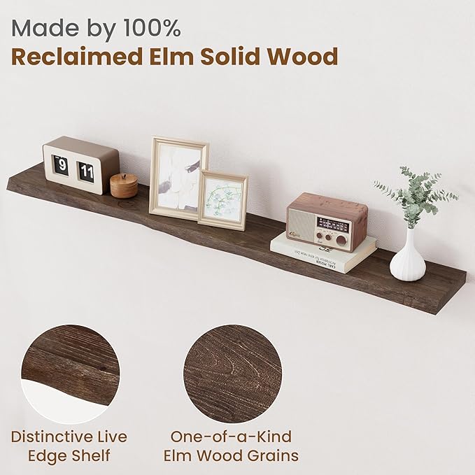 Floating Shelves for Wall Decor, Rustic Solid Elm Wood Live Edge Floating Shelves Wall Mounted, Wall Shelves with Invisible B
