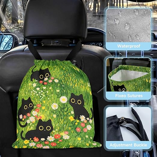 Cute Black Cat Car Trash Bag - Waterproof Car Trash Bag Hanging Leakproof Car Garbage Bag - Washable Reusable Trash Bag for Car Interior Hanging Organizer Storage Vehicle Travelling Camping