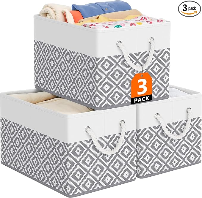 StorageTastic Storage Bins, 3-Pack Large Storage Box with Rope Handles, Collapsible Storage Basket for Organizing Books, Clot