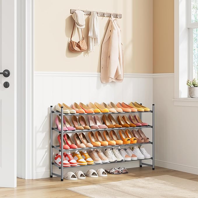 Tajsoon Expandable Shoe Rack for Closet 4 Tier, 29“-41“Adjustable & Stackable Shoe Shelf Storage, Metal Shoe Rack Organizer f