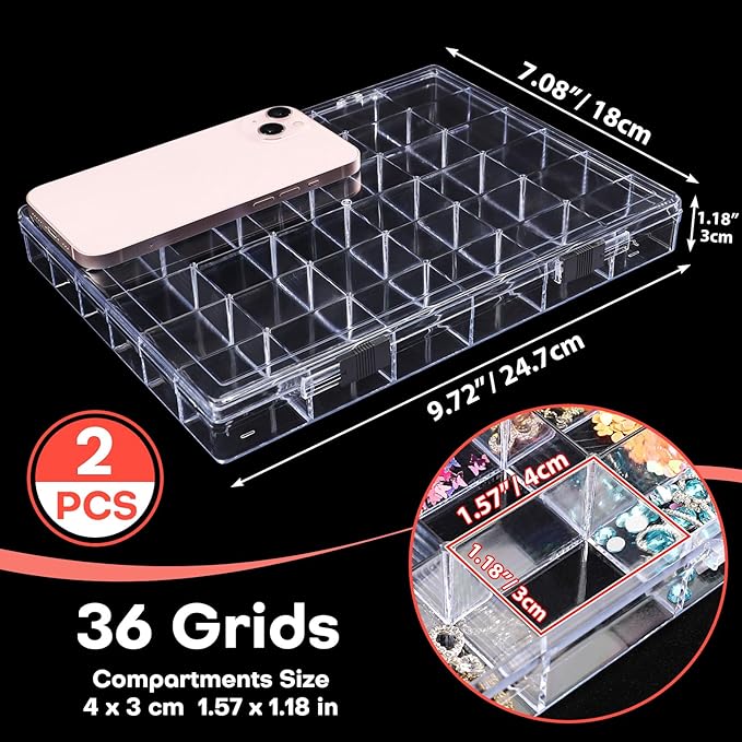 Noverlife 2 Pack 36 Grids Clear Plastic Organizer Box, Jewelry Craft Storage Container Bead Holder Nail Charm Organizer, Rock
