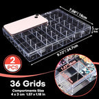 Noverlife 2 Pack 36 Grids Clear Plastic Organizer Box, Jewelry Craft Storage Container Bead Holder Nail Charm Organizer, Rock