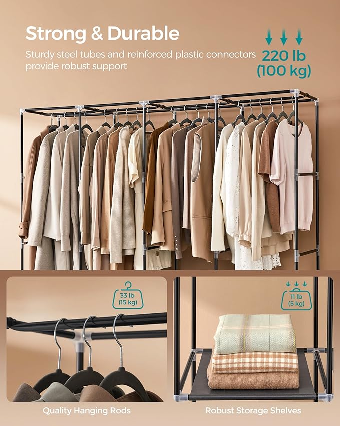 SONGMICS Portable Closet, Wardrobe Closet Organizer with Cover, 4 Hanging Rods and Shelves, 4 Side Pockets, 17.7 x 66.9 x 65.