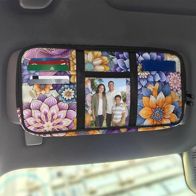Boho Flower Car Visor Organizer for Women Auto Interior Accessories Car Storage with Card Holders Multi-Pocket Visor Organizer Storage for Car/SUV/Truck with Pockets Easy to Clean