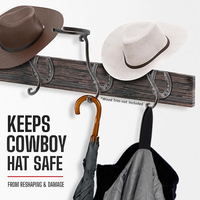Cowboy Hat Rack - Set of 2 Decorative Wall-Mounted Holder - Heavy-Duty Iron Hanger and Organizer DIY Kit for Hats, Coats and 