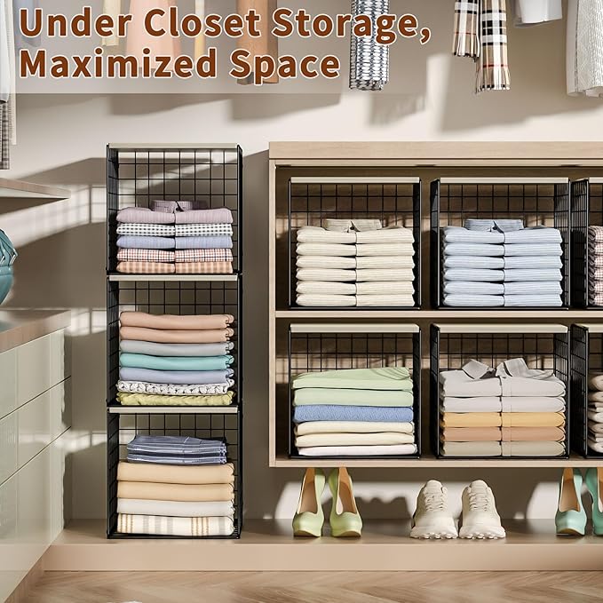 3PCS Stackable Closet Organizers and Storage, Shelves with Wood Top Extra Storage, Clothes Organizer Basket, Bin, or Tube for