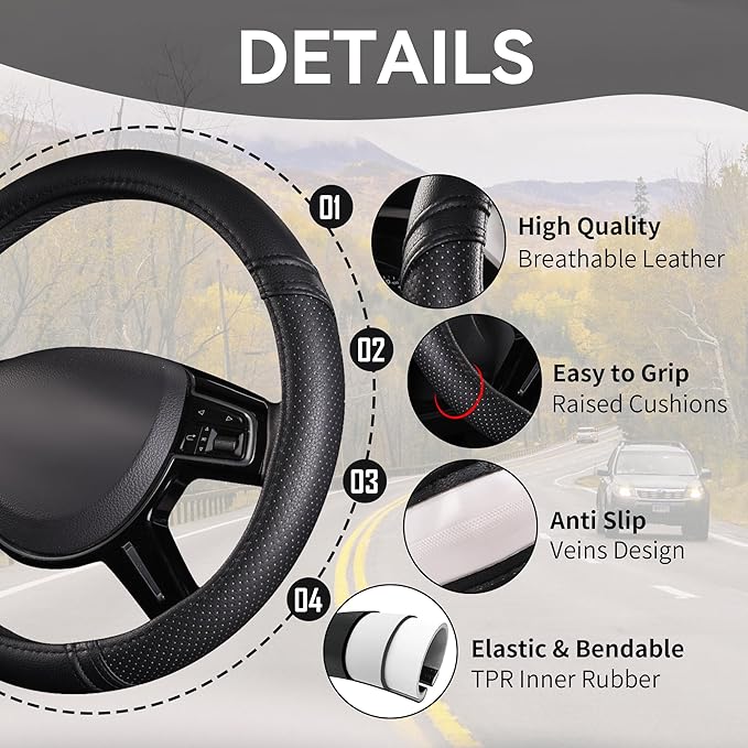 Car Pass Classical Leather Automotive Universal Steering Wheel Covers,Universal Fit for Suvs,Trucks,Sedans,Cars,Vans,14.5-15i