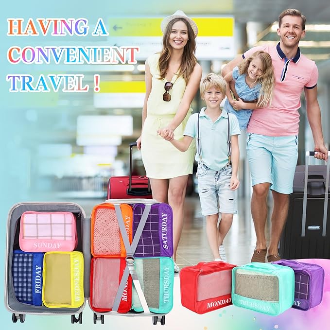 Days of Week Packing Cubes Weekly Organizer Travel Storage Bag School Clothes for Kids Summer Camp Family(9x7x3inch,Rainbow,1
