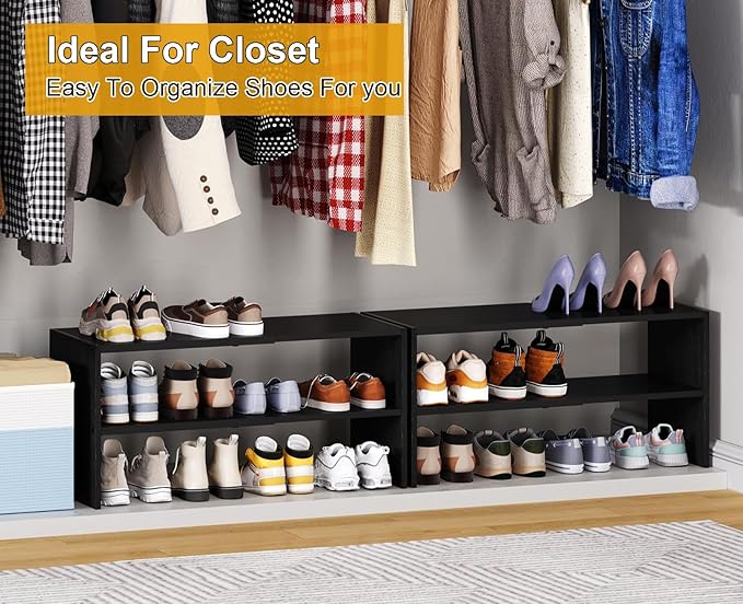 Black Shoe Rack Organizer for Closet, 2-Tier Expandable Shoe Shelf, Stackable Iron Wood Combination Small Shoe Racks Shelves 