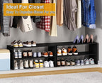 Black Shoe Rack Organizer for Closet, 2-Tier Expandable Shoe Shelf, Stackable Iron Wood Combination Small Shoe Racks Shelves 