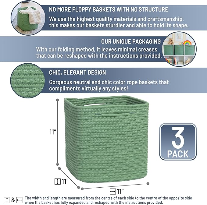NaturalCozy Storage Cubes 11 Inch Cotton Rope Woven Baskets for Organizing, 3-Pack | Cube Storage Bin | Square Storage Basket