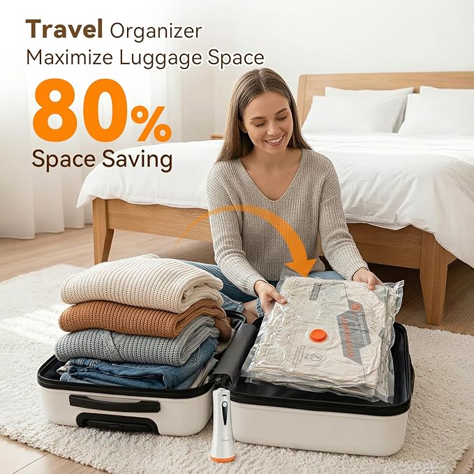 Vacuum Storage Bags for Travel with Rechargeable Air Pump, 12 Pack Space Saver Bags for Clothing, Luggage & Suitcase Compress