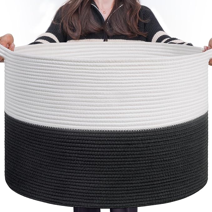 INDRESSME Large Cotton Rope Baskets for Storage, 21.7 x 13.8 Blanket Storage for Living Room Toy Baskets Kids, Baby Laundry B