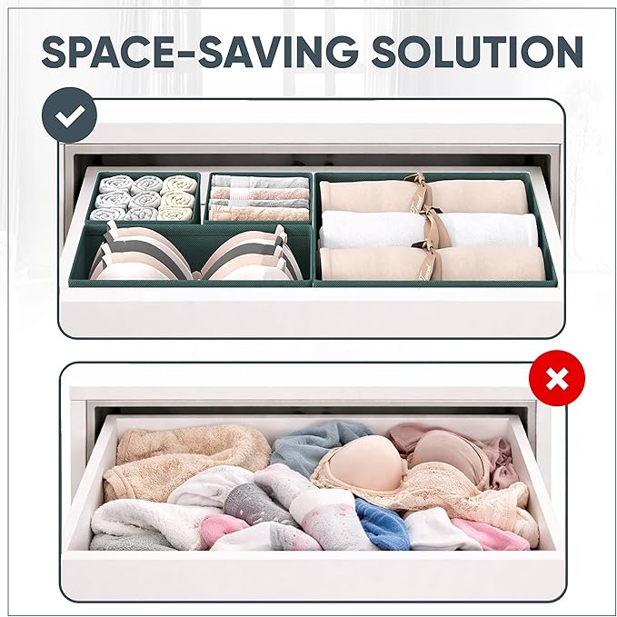 Clothes Organizer, Transform Your Drawers in Seconds - Green Set of 6 Foldable Storage Boxes with Zipper, Durable 600D Fabric