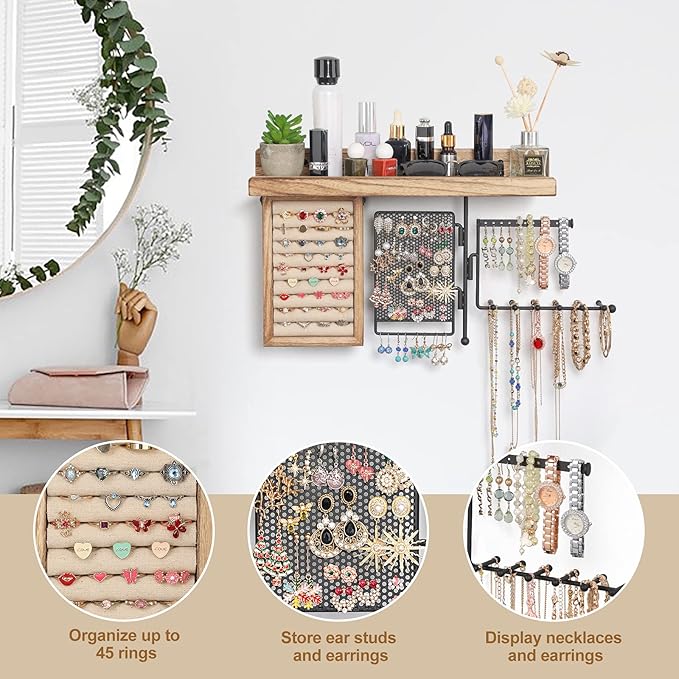 SOLIMINTR Hanging Jewelry Organizer Wall Mount with Rustic Wood Shelf, Ring Display Box, Ear Studs Earring Holder, Rotating N