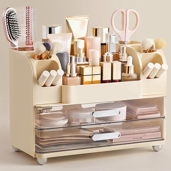 HBlife Makeup Organizer for Vanity with Brush Holder, Large Bathroom Countertop Cosmetic Organizer Skin Care Storage, Easy to