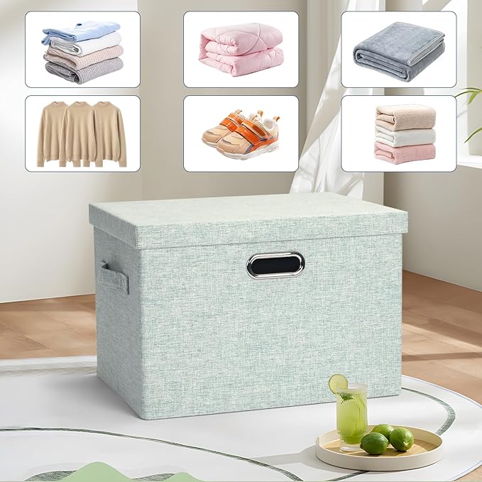 Graciadeco Large 17" 36 Quart Collapsible Stackable Storage Bins with Lids, 3 Packs Light Green Linen Fabric Closet Boxes wit