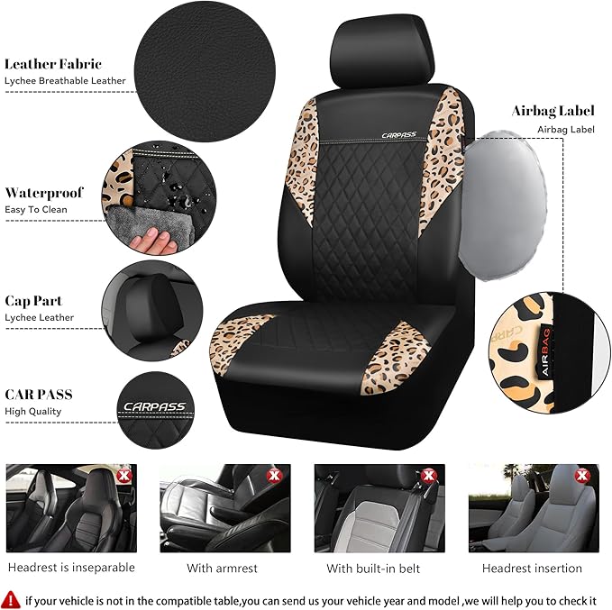 CAR PASS Leopard Print Faux Leather Car Seat Covers & Leopard Car Mats&Leopard Steering Wheel Cover Seat Belt Pad Universal C