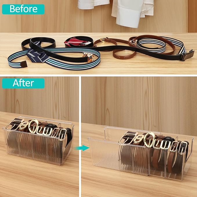 Clear Belt Organizer, Extendable Acrylic Belt Storage Holder with Adjustable Dividers, Belts Storage Container for Drawer and
