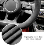 Carodi Suede Steering Wheel Cover ，Non-Slip Leather Car Interior Fitting 15-inch Universal（D-Shape,Black red Label）
