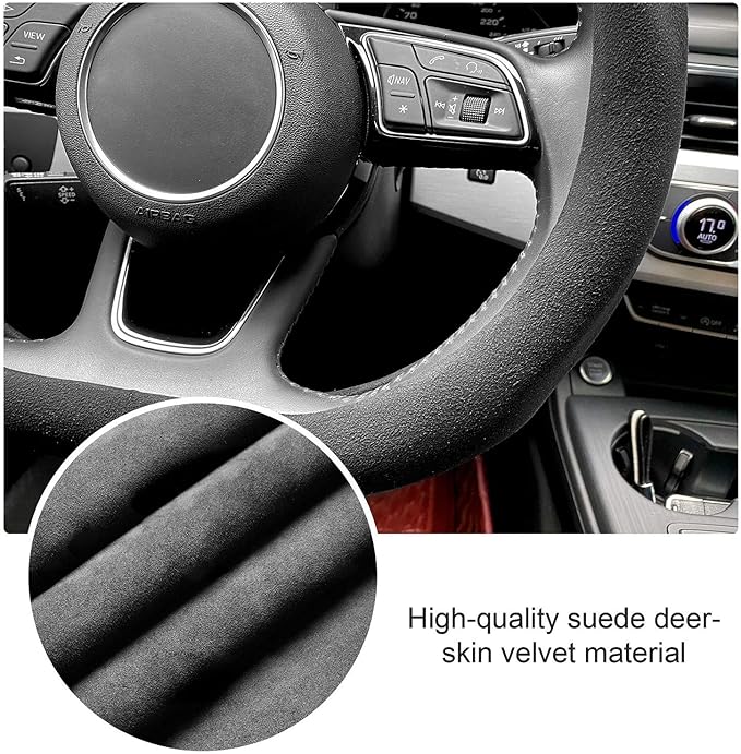 Carodi Suede Steering Wheel Cover ，Non-Slip Leather Car Interior Fitting 15-inch Universal（D-Shape,Black red Label）