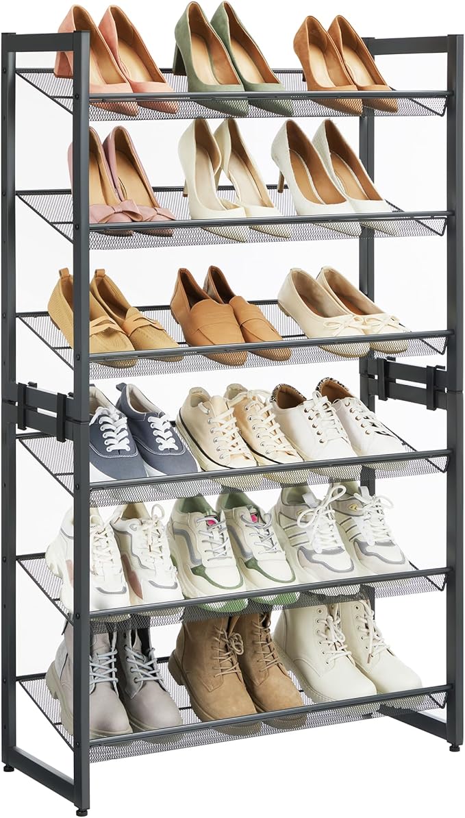 SONGMICS Shoe Rack, 6-Tier Shoe Organizer, Metal Rack for Garage, Set of 2, 3-Tier Stackable Shelf, with Adjustable Flat or A