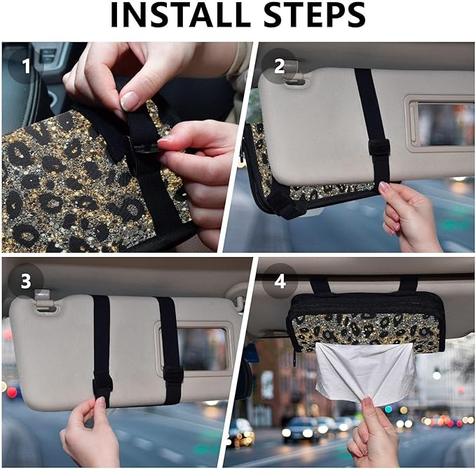 Car Tissue Holder Car Visor Organizer Tissue Box Holder for Car Sun Visor Organizer with Car Vehicle Accessories Essentials Interior for Women Men Sparkling Leopard Print