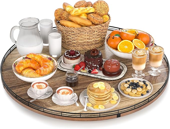 Acacia Wood 24" Lazy Susan Turntable Organizer for Table Top, Farmhouse Extra Large Round Lazy Susan for Serving Kitchen Coun