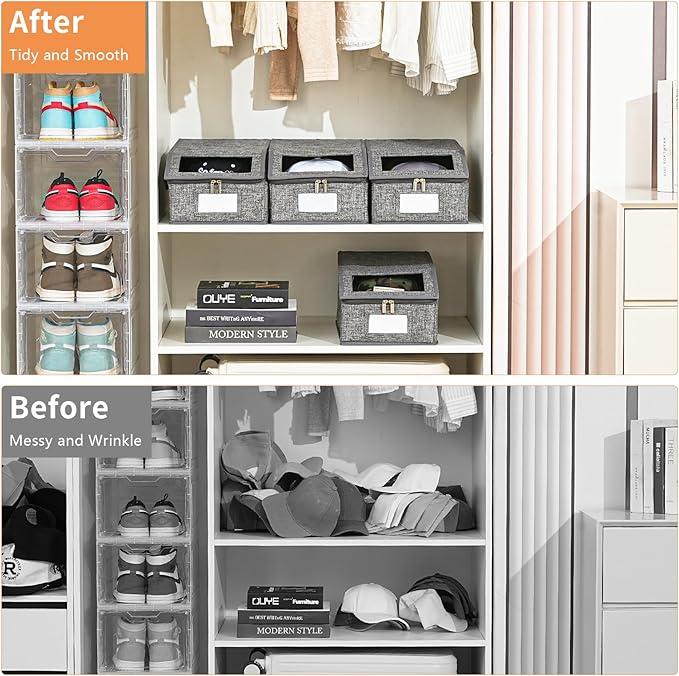 2 Pack Grey Hat Organizer for Baseball Cap, Hat Storage for Closet with Clear Window, Breathable Fabric Hat Box for Snacks, T