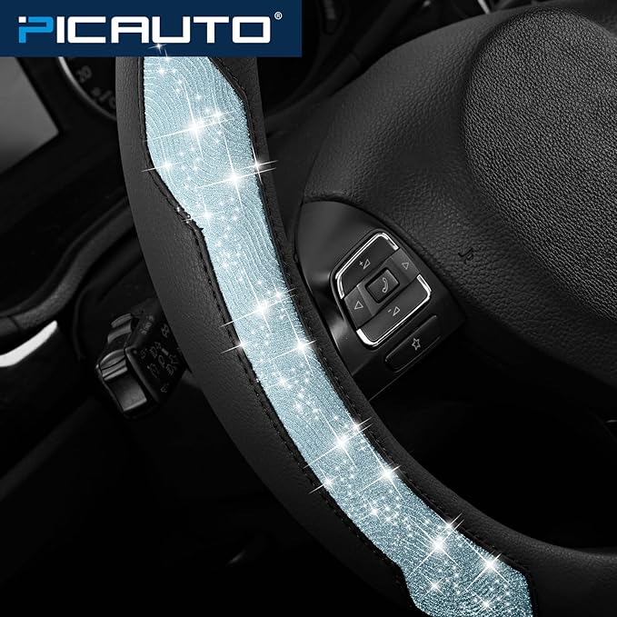 PIC AUTO Steering Wheel Cover, Light Blue Sparkly Crystal Bling Glitter with Leather, Universal Fit 14.5"-15.5" Steering Whee
