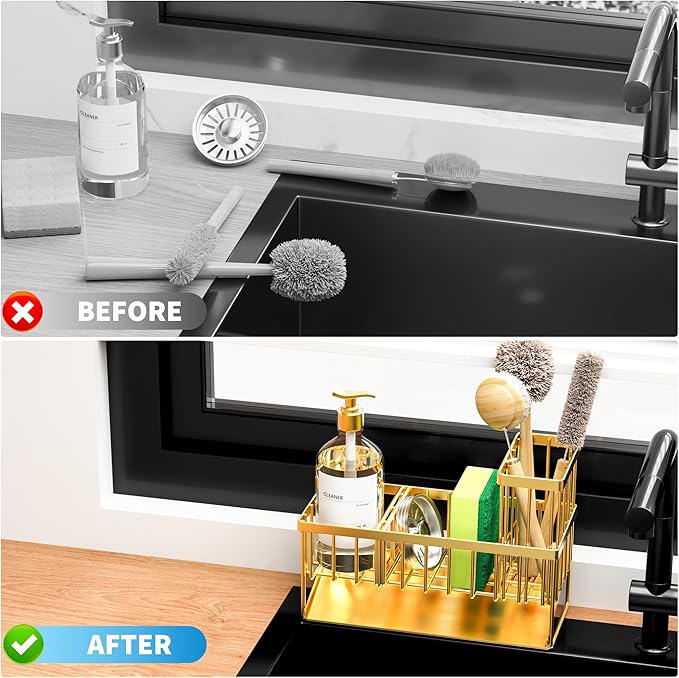 Cisily Gold Kitchen Sink Caddy Organzier with High Brush Holder, Sponge Holder for Sink, 304 Rustproof Stainless, Kitchen Cou