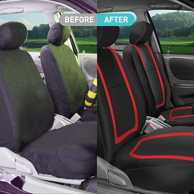 FH Group Unique Flat Cloth Full Set Car Seat Covers w. Silicone Steering Wheel Cover- Universal Fit for Most Cars, Trucks, SUVs or Vans (Red/Black)