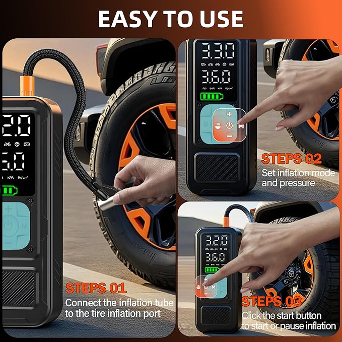 Y34 Tire Inflator Portable Air Compressor,4X Faster Inflation,10000mAh Cordless/12V DC 150PSI Air Pump for Car Tires with Digital Pressure Gauge/LED Light for Car,Motorcycle,Bike,Ball