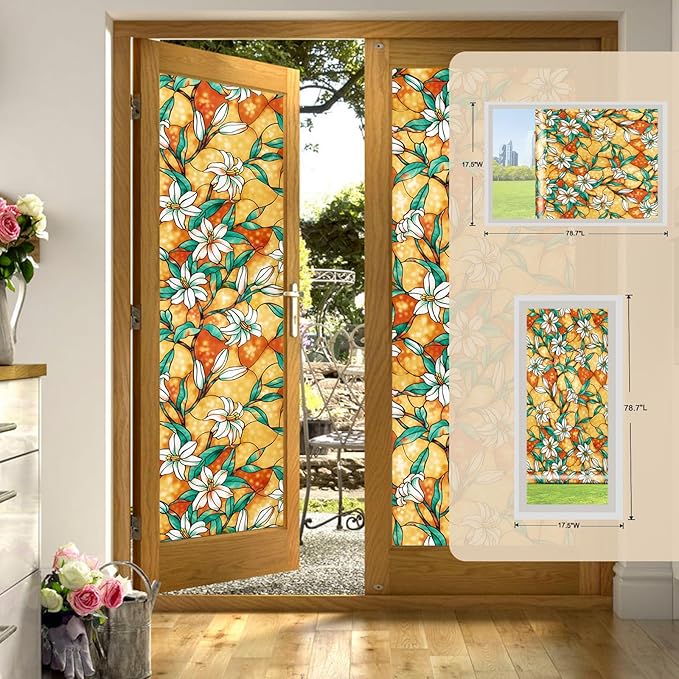 Coavas Decorative Window Privacy Film, Heat Control Sun Blocking Stained Glass Window Film, Floral Design Static Cling, Non Adhesive Windows Tint for Bathroom Front Door(Vinyl, 17.5" x 78.7 ")