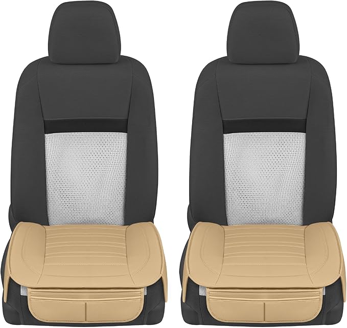 Motor Trend Seat Covers for Cars Trucks SUV, Faux Leather Beige Padded Seat Covers with Storage Pockets, Premium Interior Car