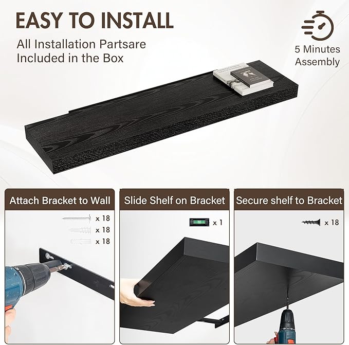 48 Inch Floating Shelves, 12" Deep Floating Shelf Wall Mounted, 48" Wall Shelves, Rustic Deep Bookshelf, Extra Deeper & Thick