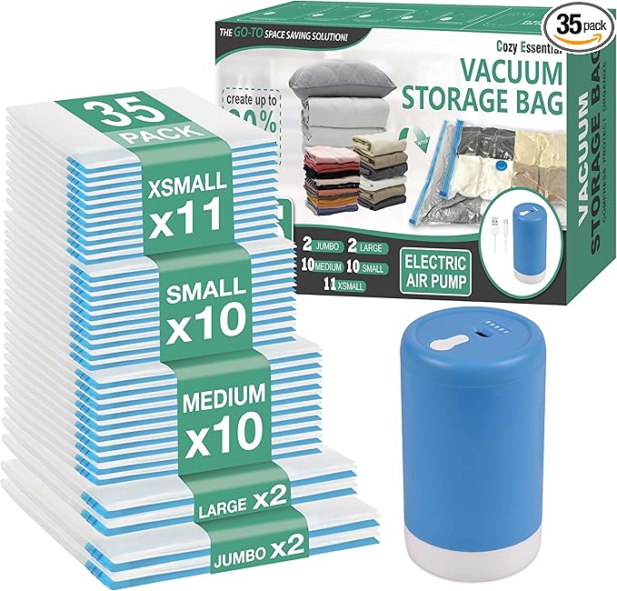 Cozy Essential Travel Vacuum Storage Bags with Rechargeable Cordless USB Pump, Space Saver Bags for Luggage, Suitcase, Carry-