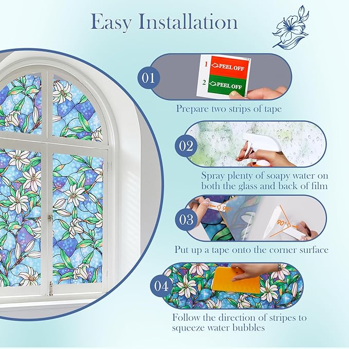 Coavas Static Cling Privacy Window Film, 96% UV & Heat Blocking, Stained Glass Window Film Floral Design, Non-Adhesive, for Bathroom, Front Door, Shower Enclosure‌ (Vinyl, 35.4" X 78.7 ")