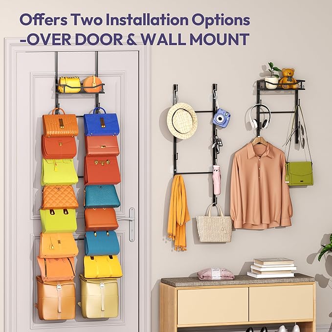 SWTYMIKI Over The Door Purse Organizer - Wall Mounted Purse Rack with 16 Hooks and Metal Basket, Handbag Hanger Organizer Hol