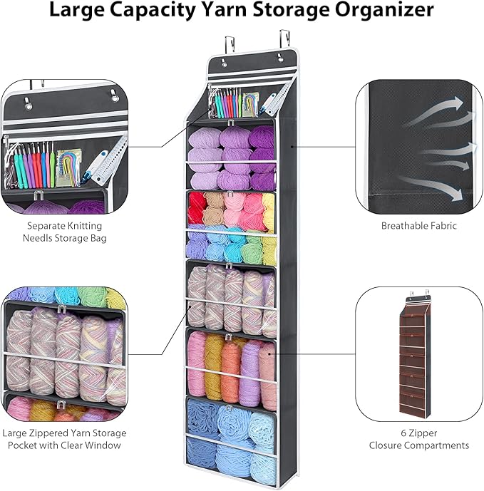 Univivi Hanging Yarn Storage Organizer with 6 Zipper Closure Compartments, Large Capacity Knitting Organizer Storage, Over Th