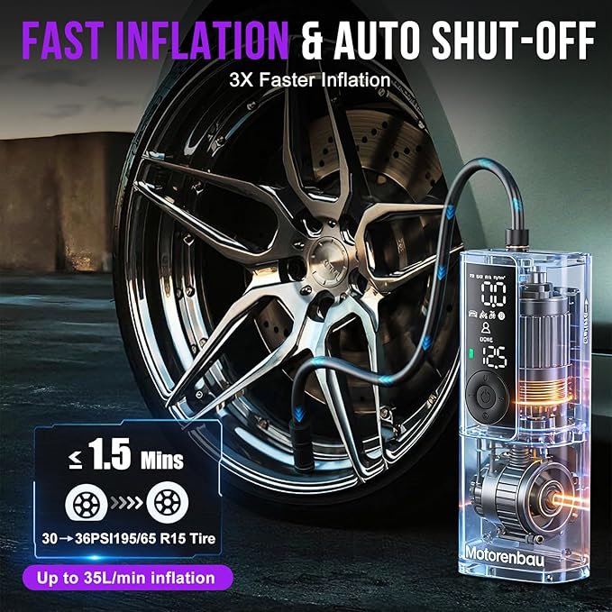 Tire Inflator Portable Air Compressor - Portable Cordless Mini Air Pump with Digital Pressure Gauge, 150PSI 3X Fast Inflation and Auto Shutoff Function Tires Pump for Cars