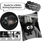 Car Headrest Pillow & Steering Wheel Cover Set with Cute Big-Eyed Furball Travel Neck Support Pillow Fur Car Interior Accessory (Black 3Pcs Set)