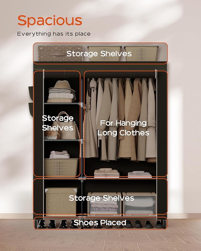 CASAMAYA Portable Closet, 48 Inch Large Capacity Wardrobe Closet, Clothes Storage Organizer with Shelves and Hanging Rod, Eas